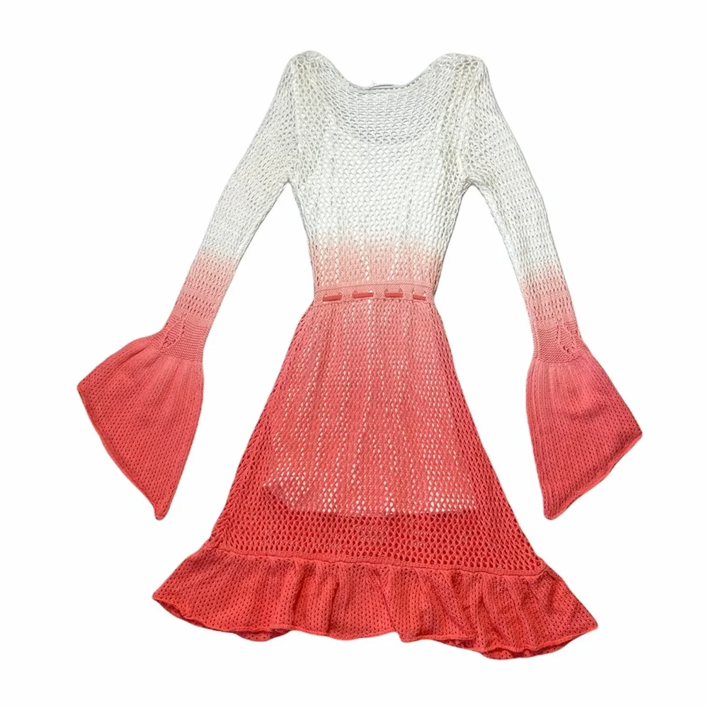 Venus | Ombré Crochet Knit Boho Mini Dress S - Picture 3 of 12